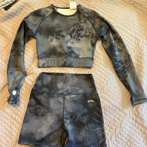AYBL Black Gray Tie-Dye Cropped Long Sleeve Top & High-Waist Shorts Set